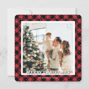Red Plaid Snow Photo Merry Christmas Holiday Card