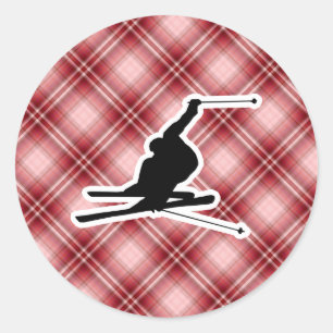 Red Plaid Snow Skiing Classic Round Sticker