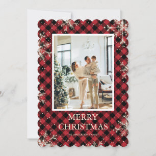 Red Plaid Snowflake Photo Merry Christmas Holiday Card