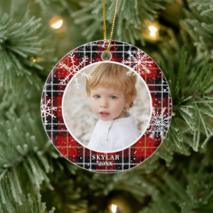 Red Plaid Snowflake Photo Name Year Ceramic Tree Decoration