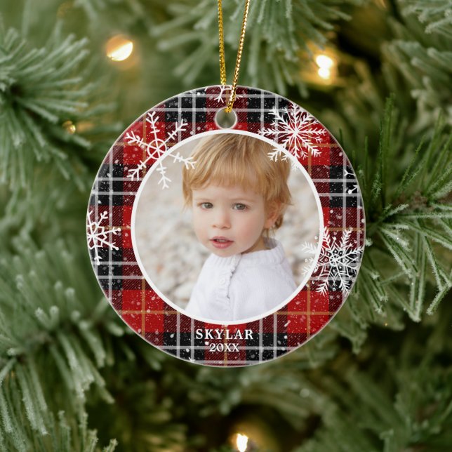 Red Plaid Snowflake Photo Name Year Ceramic Tree Decoration (Tree)