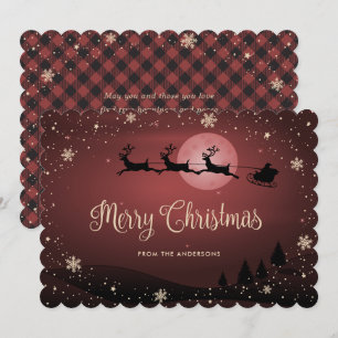 Red Plaid Snowflake Reindeer Santa Claus Holiday Card