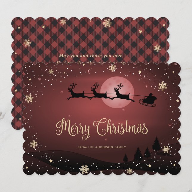 Red Plaid Snowflake Reindeer Santa Claus Holiday Card (Front/Back)