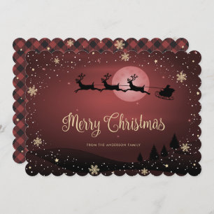 Red Plaid Snowflake Reindeer Santa Claus Holiday Card