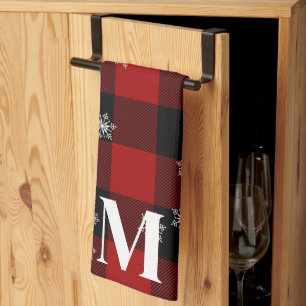 Red Plaid & Snowflakes Monogram Initial Winter Tea Towel
