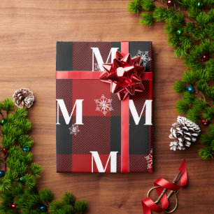 Red Plaid & Snowflakes Monogram Initial Winter Wrapping Paper