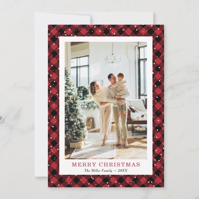 Red Plaid Snowy Photo Merry Christmas Card (Front)