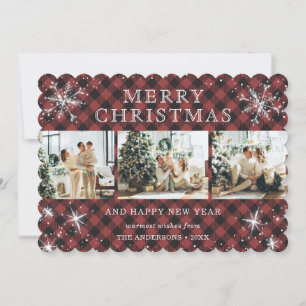 Red Plaid Sparkly Snowflake 3 Photo Collage Holiday Card