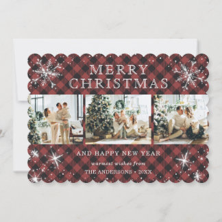 Red Plaid Sparkly Snowflake 3 Photo Collage Holiday Card