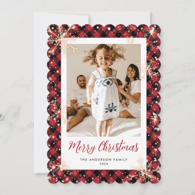 Red Plaid Sparkly Snowflakes Photo Merry Christmas Holiday Card (Front)