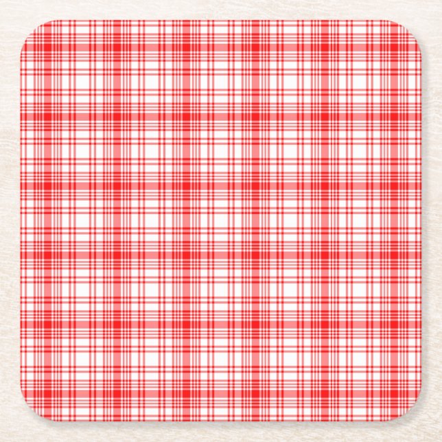 Red Plaid Square Paper Coaster (Front)