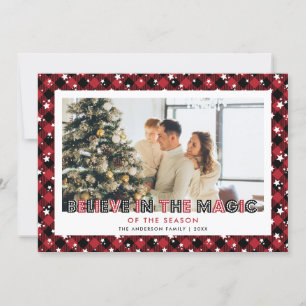 Red Plaid Stars Believe Photo Christmas Card