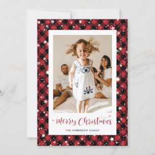 Red Plaid Stars Snow Photo Merry Christmas Card