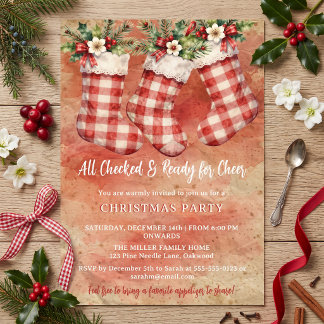 Red Plaid Stocking Potluck Christmas Party Invitation