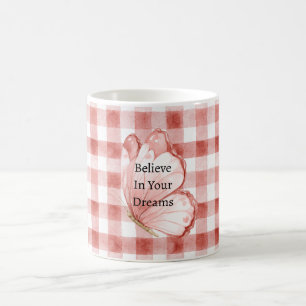 Red Plaid Stripes Pink Butterfly Believe Coffee Mug