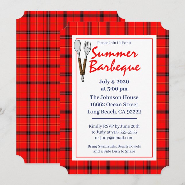 Red Plaid Summer BBQ Invitation (Front/Back)