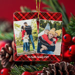 Red Plaid Tartan Christmas 2 Family Photo Ceramic Ornament<br><div class="desc">A classic red plaid tartan pattern behind your 2 holiday vertical family photo collage for a festive,  traditional Christmas ornament. Simple and beautiful Christmas gift that includes two photographs.</div>