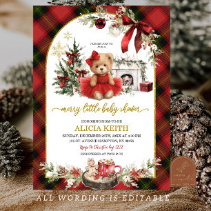 Red Plaid Tartan Christmas Luxury Bear Girl Invitation
