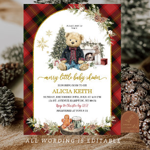 Red Plaid Tartan Christmas Luxury Boy Bear  Invitation
