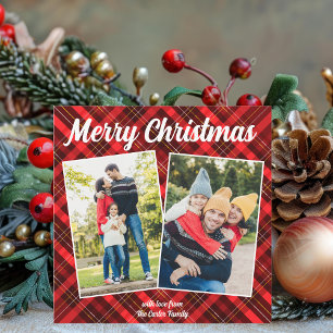 Red Plaid Tartan Merry Christmas 2 Family Photo Holiday Card