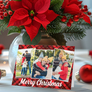 Red Plaid Tartan Merry Christmas 3 Photo Folded Holiday Card