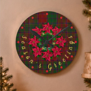 Red Plaid Tartan Poinsettia Christmas Round Clock