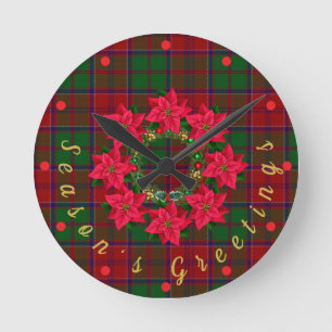 Red Plaid Tartan Poinsettia Christmas  Round Clock