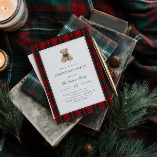 Red Plaid Teddy Bear Christmas Party Invitation