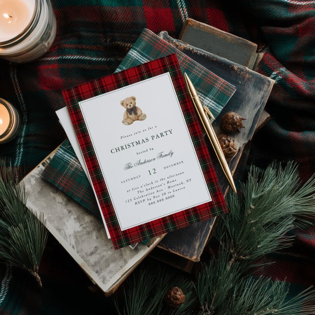 Red Plaid Teddy Bear Christmas Party Invitation (Creator Uploaded)