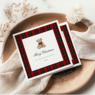 Red Plaid Teddy Bear Christmas Party Napkin
