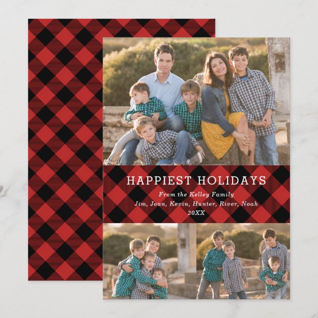Red Plaid Three Photo Holiday Card (Front/Back)