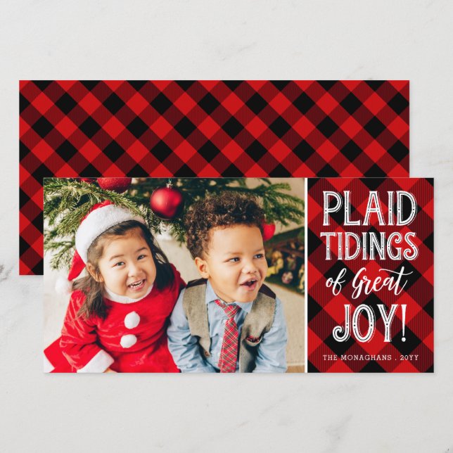 Red Plaid Tidings One Photo Holiday (Front/Back)