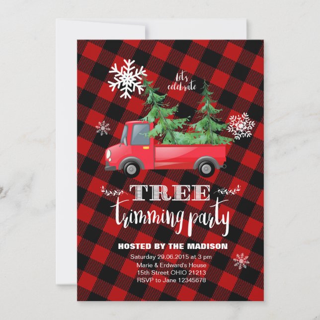 Red Plaid Tree Trimming Party Invitation (Front)