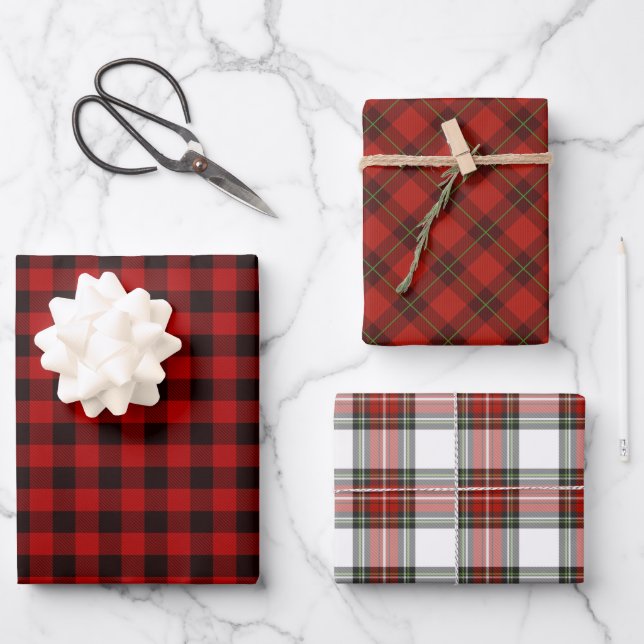 Red Plaid Trio  Wrapping Paper Sheet (Front)