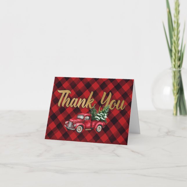 Red Plaid Truck Baby Shower Thank You Card (Front)
