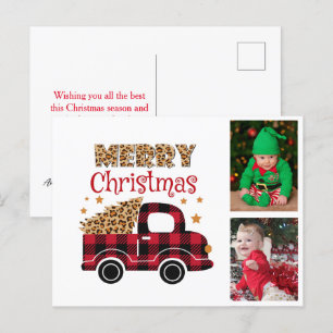Red Plaid Truck Merry Christmas Kids Family Photo  Holiday Postcard
