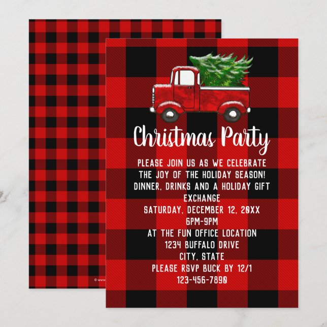 Red Plaid Truck Rustic Country Christmas Party Invitation (Front/Back)