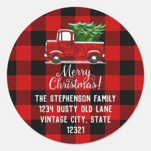 Red Plaid Truck Tree Merry Christmas Address Label
