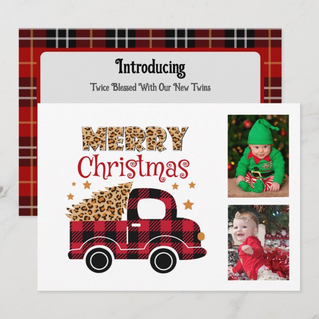 Red Plaid Truck Twins Birth Announcement Christmas (Front/Back)