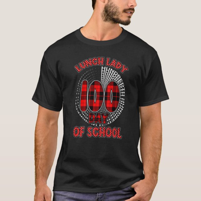 Red Plaid Typography 100th day of School Lunch Lad T-Shirt (Front)