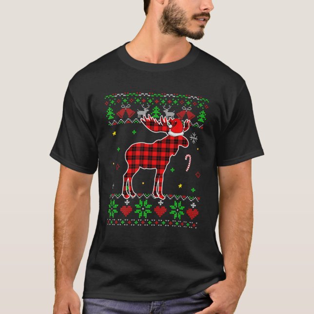 Red Plaid Ugly Sweater Christmas Animals Moose Lov (Front)