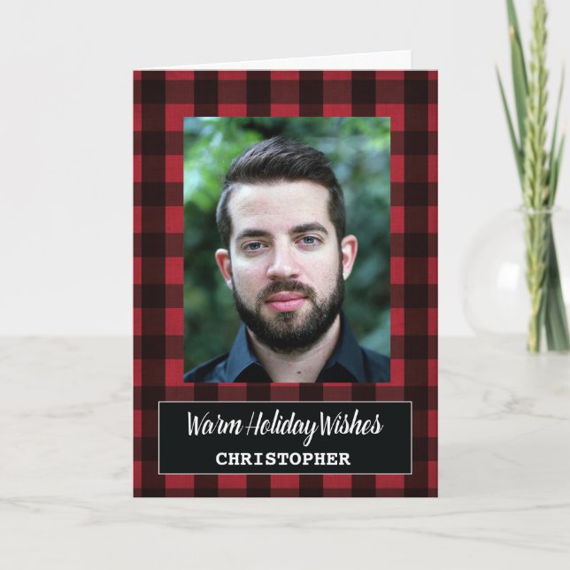 Red Plaid Warm Holiday Wishes, Photo Christmas Card (Front)