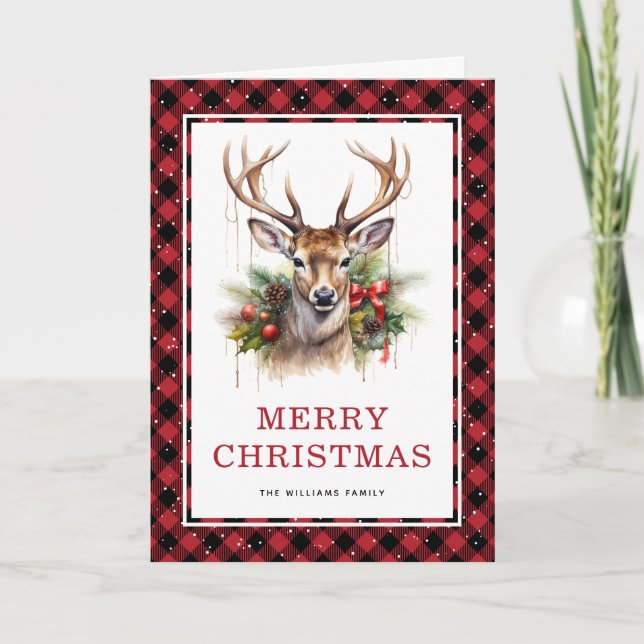 Red Plaid Watercolor Deer Merry Christmas Holiday Card (Front)