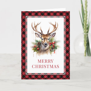 Red Plaid Watercolor Deer Merry Christmas Holiday Card