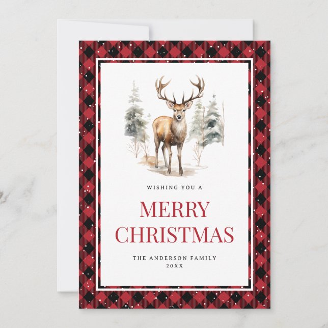 Red Plaid Watercolor Deer Snowy Merry Christmas Holiday Card (Front)