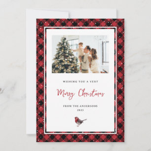 Red Plaid Watercolor Holly Photo Christmas Cards