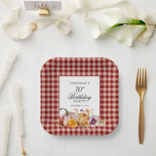 Red Plaid & Watercolor Pumpkins 70th Birthday Paper Plate