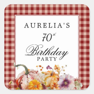 Red Plaid & Watercolor Pumpkins Birthday Party Square Sticker