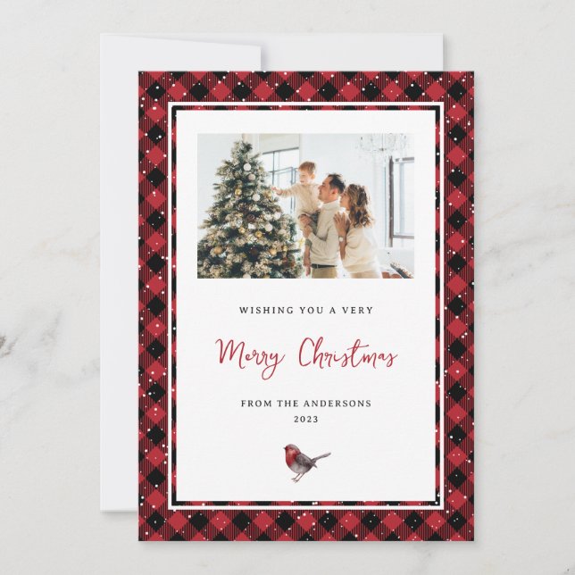 Red Plaid Watercolor Robin Photo Christmas Holiday Card (Front)