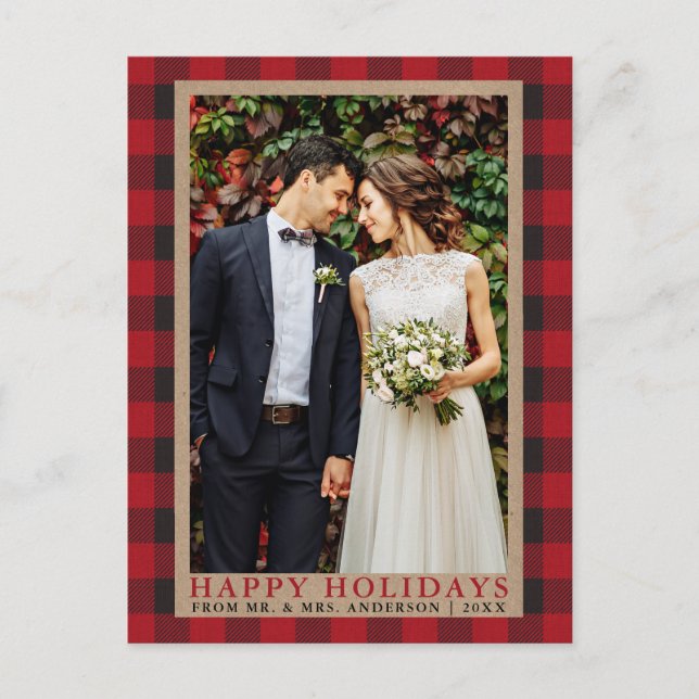 Red Plaid Wedding Photo Happy Holidays Kraft Postcard (Front)